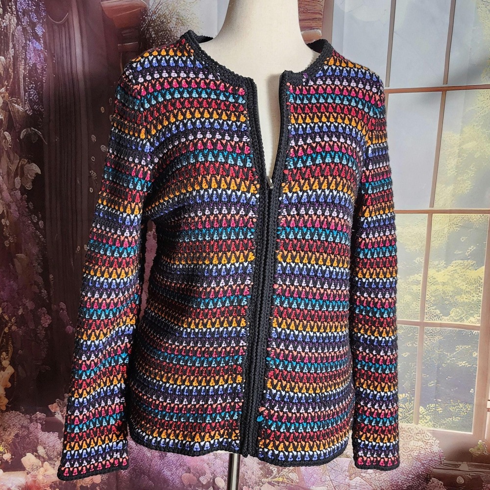Coldwater‎ Creek Rainbow Striped Knit Zip Cardigan Sweater Womens Large